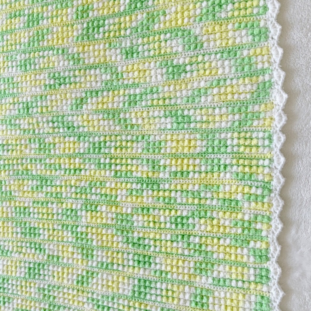 Handmade Crochet Baby Blanket 38x46 Green Yellow White Bobble Scalloped Edge